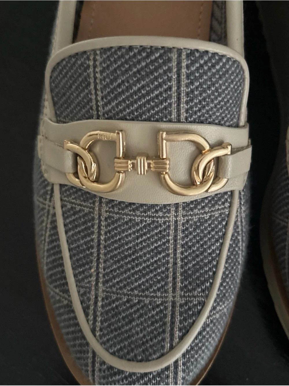 NYDJ Plaid Wedge Loafers in Gray and Cream with Gold Accent New Size 6 1/2 M